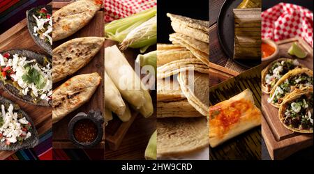 Collage de différents assortiments de nourriture mexicaine de rue à base de maïs. Tlacoyos, tortillas, tamales, Tacos de suadero Banque D'Images