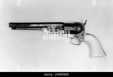 Art inspiré par Colt modèle 1851 Navy Revolver avec conversion Thuer pour cartouches autonomes, n° de série 27060, 1853; converti pour des cartouches, env. 1868–71, Hartford, Connecticut, cuisine américaine, Hartford, Connecticut, acier, laiton, argent, ivoire, L. 13 po (33,02 cm); L. de canon 7 1/2, oeuvres classiques modernisées par Artotop avec une touche de modernité. Formes, couleur et valeur, impact visuel accrocheur sur l'art émotions par la liberté d'œuvres d'art d'une manière contemporaine. Un message intemporel qui cherche une nouvelle direction créative. Artistes qui se tournent vers le support numérique et créent le NFT Artotop Banque D'Images