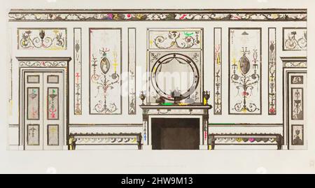 Art inspiré par dessins et estampes, Imprimer ; ornement et architecture, conception intérieure de mur avec porte, cheminée, panneaux et bancs, oeuvres classiques modernisées par Artotop avec une touche de modernité. Formes, couleur et valeur, impact visuel accrocheur sur l'art émotions par la liberté d'œuvres d'art d'une manière contemporaine. Un message intemporel qui cherche une nouvelle direction créative. Artistes qui se tournent vers le support numérique et créent le NFT Artotop Banque D'Images