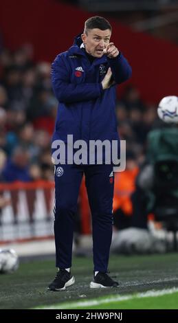 Sheffield, Royaume-Uni, 4th mars 2022. Paul Heckingbottom, directeur de Sheffield Utd sur la ligne de contact lors du match du championnat Sky Bet à Bramall Lane, Sheffield. Crédit photo à lire: Darren Staples / Sportimage crédit: Sportimage / Alay Live News Banque D'Images