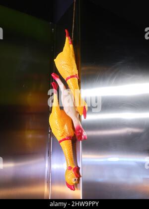 Trois poules en peluche accrochées à un mur métallique dans la cuisine d'un restaurant Banque D'Images