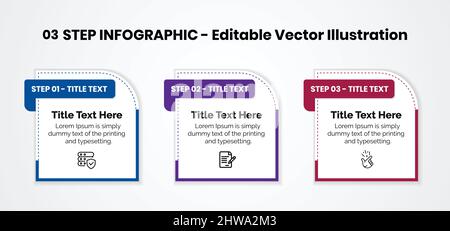 Modèle de conception d'infographies en 3 étapes - graphique, graphique à secteurs, présentation du flux de travail, diagramme de squire, brochure, rapport, présentation, éléments de conception web Illustration de Vecteur