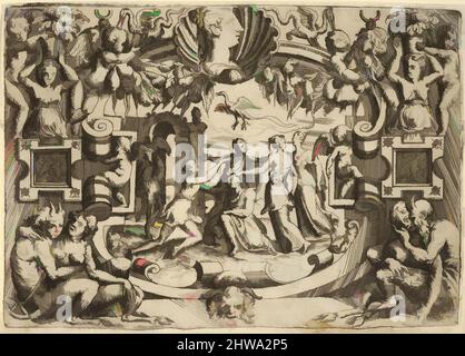 Art inspiré par Print, quatre femmes entourant une figure assise, un oiseau au-dessus d'eux, placé dans un cadre élaboré, Andrea Schiavone, œuvres classiques modernisées par Artotop avec une touche de modernité. Formes, couleur et valeur, impact visuel accrocheur sur l'art émotions par la liberté d'œuvres d'art d'une manière contemporaine. Un message intemporel qui cherche une nouvelle direction créative. Artistes qui se tournent vers le support numérique et créent le NFT Artotop Banque D'Images