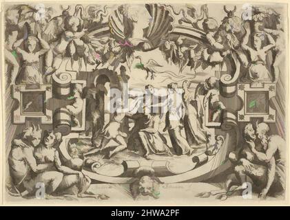 Art inspiré par Print, quatre femmes entourant une figure assise, un oiseau au-dessus d'eux, placé dans un cadre élaboré, Andrea Schiavone, œuvres classiques modernisées par Artotop avec une touche de modernité. Formes, couleur et valeur, impact visuel accrocheur sur l'art émotions par la liberté d'œuvres d'art d'une manière contemporaine. Un message intemporel qui cherche une nouvelle direction créative. Artistes qui se tournent vers le support numérique et créent le NFT Artotop Banque D'Images