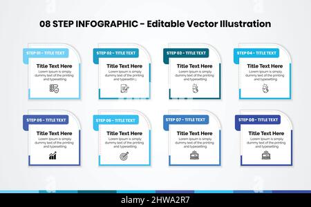 Modèle de conception d'infographies en 8 étapes - graphique, graphique à secteurs, présentation du flux de travail, diagramme de squire, brochure, rapport, présentation, éléments de conception web Illustration de Vecteur