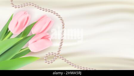 White Silk Happy Womens Day Holiday Félicitations Background avec fleurs de tulipe et perles. Illustration Banque D'Images