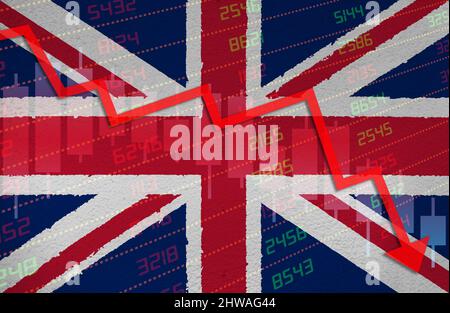 Crise économique avec flèche vers le bas du graphique boursier en territoire négatif rouge sur le drapeau britannique peint sur le mur. Baisse du marché financier et des affaires Banque D'Images