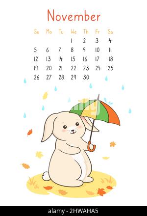 Calendrier 2023 avec lapin, page organisateur de novembre. Lapin childish marchant sous un parapluie sur l'automne pluvieux concept de carte postale. Lièvre debout pluie jour mascotte symbole année. Modèle de dessin animé Illustration de Vecteur
