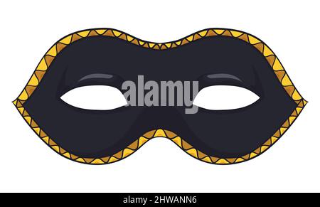 Demi-masque Colombina simple et traditionnel de couleur noire et bordure dorée. Design de style dessin animé, isolé sur fond blanc. Illustration de Vecteur