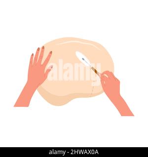 Pétrissage des mains de pâte.Femme prépare des pâtisseries maison ou des pâtes.Vue de dessus.École de cuisine.Restez à la maison et cuisinez des aliments sains selon la recette.Vecteur Illustration de Vecteur
