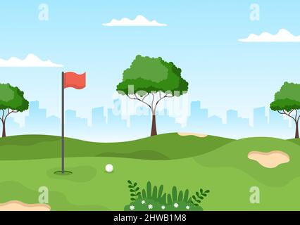 Jouer au sport de golf avec des drapeaux, du sable, du sable et de l'équipement sur l'extérieur Yard Green plantes dans un dessin-fond plat Illustration de Vecteur