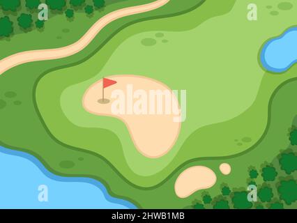 Jouer au sport de golf avec des drapeaux, du sable, du sable et de l'équipement sur l'extérieur Yard Green plantes dans un dessin-fond plat Illustration de Vecteur