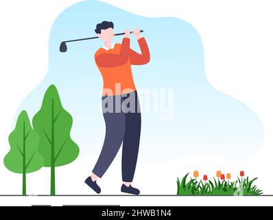Jouer au sport de golf avec des drapeaux, du sable, du sable et de l'équipement sur l'extérieur Yard Green plantes dans un dessin-fond plat Illustration de Vecteur