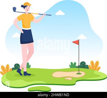 Jouer au sport de golf avec des drapeaux, du sable, du sable et de l'équipement sur l'extérieur Yard Green plantes dans un dessin-fond plat Illustration de Vecteur