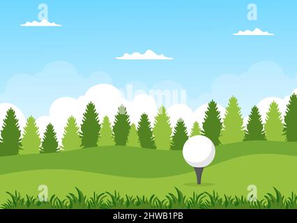 Jouer au sport de golf avec des drapeaux, du sable, du sable et de l'équipement sur l'extérieur Yard Green plantes dans un dessin-fond plat Illustration de Vecteur