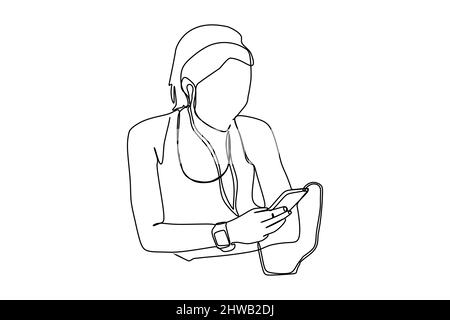 dessin continu d'une ligne d'une femme tenant le téléphone écouter de la musique dans un casque. Illustration vectorielle de style tracé à la main simple Illustration de Vecteur