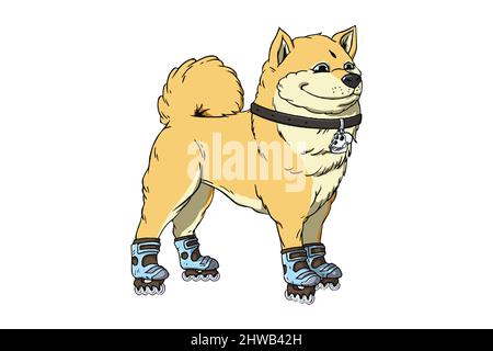 Œuvres d'art NFT du club de chenil de singe ennuyé. Chien Shiba avec rollerblades crypto actif graphique . Illustration vectorielle plate. Illustration de Vecteur