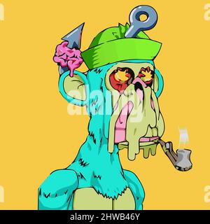 Maquette NFT du club nautique du singe mutant. Singe turquoise lassé en fusion avec chapeau de marin vert et pipe. Ressource graphique Crypto. Illustration vectorielle plate. Illustration de Vecteur