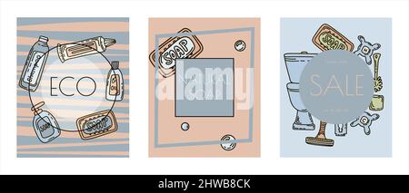 Illustration vectorielle pour baignoire. Bannières pour dessiner à la main des accessoires d'hygiène de salle de bains à la maison. Croquis des icônes pour les hôtels, les magasins de plomberie et de cosmétiques Illustration de Vecteur