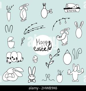 Joyeux Pâques, dessin à la main, un vecteur, des bouées de lapin, des œufs et des plantes Illustration de Vecteur