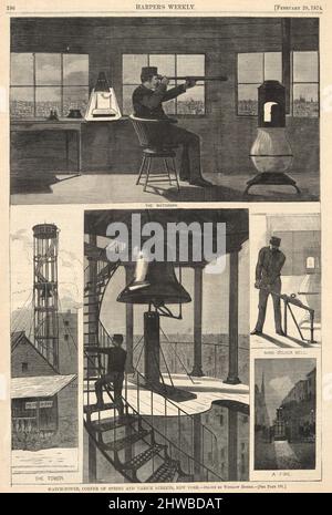 Watch-Tower, Corner of Spring et Varick Streets, New York, de Harper’s Weekly, 28 février 1874. Artiste: Winslow Homer, cuisine américaine, 1836–1910 Banque D'Images