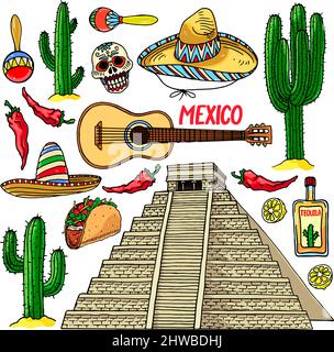 Ensemble mignon d'articles mexicains traditionnels différents. Chichen Itza. Illustration dessinée à la main Illustration de Vecteur