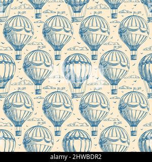 magnifique arrière-plan rétro sans couture avec ballons volant vers ciel nuageux Illustration de Vecteur