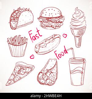 Set avec divers fast food. Hot dog, hamburger, tranche de pizza. Illustration faite à la main Illustration de Vecteur