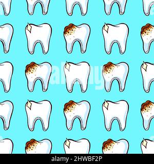 Dentisterie. Caries. Schéma sans couture avec des dents saines et mauvaises Illustration de Vecteur