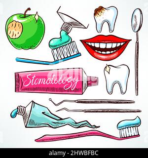 Dentisterie. Jeu avec outils dentaires. Illustration dessinée à la main Illustration de Vecteur