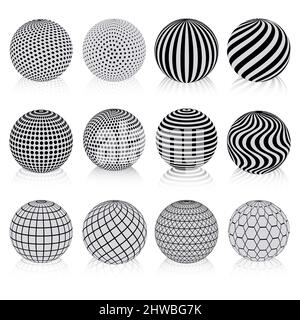 Ensemble de symboles vectoriels isolés sphériques demi-ton minimalistes avec décor. 3D sphères à rayures, à pois et à carreaux, boules sphériques abstraites avec géo Banque D'Images