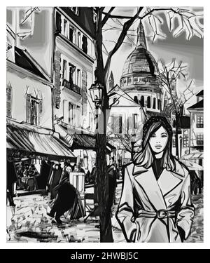 Paris, femme marchant à Montmartre - illustration vectorielle (idéale pour l'impression, l'affiche ou le papier peint, la décoration de maison) Illustration de Vecteur