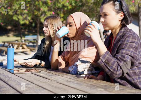 Trois filles diverses ayant la pause-café et bavardant dans le parc de la ville Banque D'Images