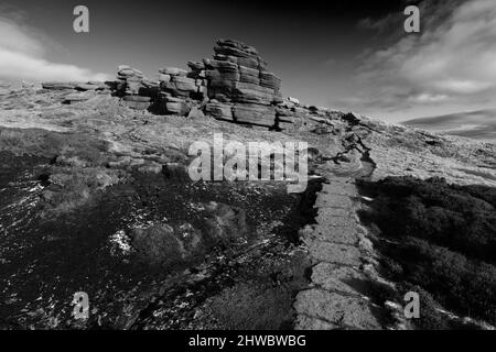 Pym chair rock formation on Kinder Scout, Pennine Way, Peak District National Park, Derbyshire, Angleterre, Royaume-Uni Banque D'Images