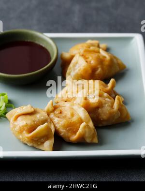 Gunmandou, Kimchi Mandu, Dumpling coréen sur plaque, servi avec sauce piquante, gros plan Banque D'Images