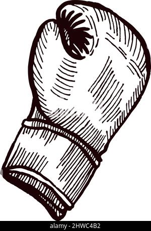 Gants de boxe esquisse de frappe isolée. Équipement de sport pour la boxe dans un style dessiné à la main. Motif gravé pour affiche, impression, illustration de livre, logo, Illustration de Vecteur
