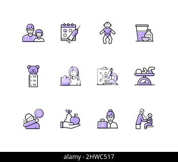Santé des enfants - icônes de style de conception de ligne moderne définies avec un contour modifiable. Pédiatre, vaccination, nourrisson, médecine du bébé, tests, microscope, pesée Illustration de Vecteur