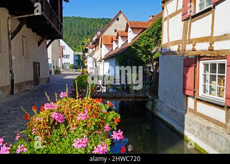 Magnifiques maisons à pans de bois avec géraniums à Blaubeuren en Allemagne, le beau jour de printemps Banque D'Images