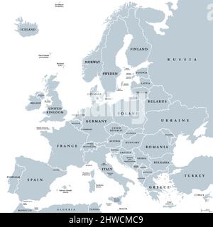 Europe, carte politique grise. Continent et partie de l'Eurasie, située dans l'hémisphère Nord, avec environ 50 États souverains. Banque D'Images