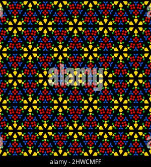 Fenêtre rose, vitraux, carreaux avec un motif sans couture et sans fin. Triangles disposés de façon hexagonale avec effet texturé et motifs colorés. Banque D'Images