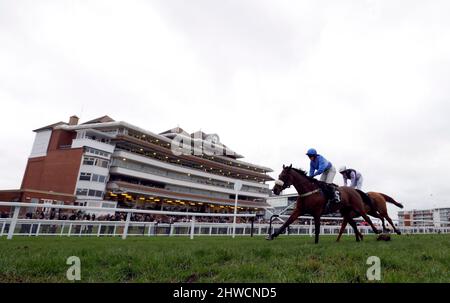 Bold Plan criblé par le jockey Isabel Williams sur le chemin de gagner le BetVictor non-Runner-No-Bet à l'obstacle de handicap de Cheltenham Seniors devant Dorking Boy et Stan Sheppard (à droite) à l'hippodrome de Newbury, Berkshire. Date de la photo: Samedi 5 mars 2022. Banque D'Images