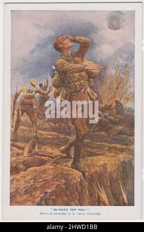 St Dunstan's, carte postale de collecte de fonds de la première Guerre mondiale : « aveuglé pour vous ». Peinture d'une scène de bataille de WW1, montrant un soldat aveugle sur le point de tomber dans une tranchée. Des scènes de combat (explosion de carapace et des soldats qui lancent des grenades) peuvent être vues derrière lui. L'image a été peinte par Richard Caton Woodville Jr. (1856-1927) et la carte postale a été publiée pour recueillir des fonds pour St Dunstan's, Regent's Park, Londres, et le National Institute for the Blind Banque D'Images