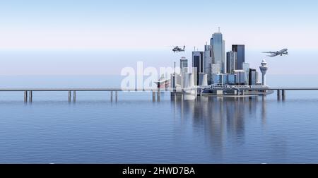 Vue panoramique avec vue sur les gratte-ciel de la ville, y compris le bâtiment en hauteur et les transports. 3d rendu Banque D'Images