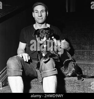 Patrick Stewart, qui est vedette comme Lauce dans la production de la Royal Shakespeare Company des deux Messieurs de Vérone, avec Blackie, un chien sauvé à Leamington Spa par le Service de sauvetage des chiens Avon. Blackie a immédiatement été mis pour le rôle de crabe, qui a une relation importante dans le jeu avec Launce. 21st décembre 1970. Banque D'Images