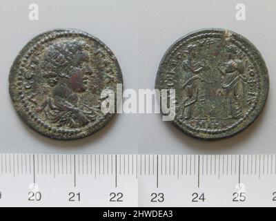 Pièce de Geta Lucius Septimius, empereur de Rome de Smyrna. Régal: Geta Lucius Septimius, empereur de Rome, A.D. 189–211 monnaie: Smyrna Banque D'Images