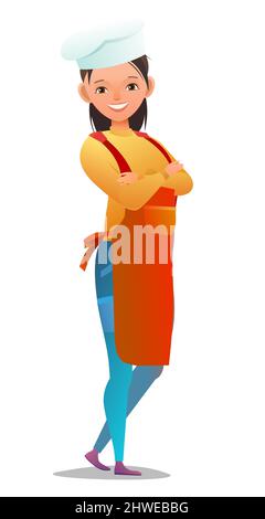 Femmes cuisent dans des combinaisons.Petite fille de la cuisine dans un tablier.Personne joyeuse.Posture debout.Motif bande dessinée plate.Caractère unique Illustration de Vecteur