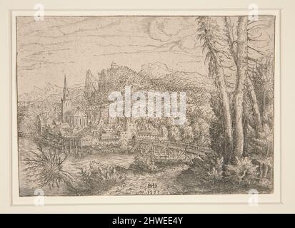 Vue sur une ville près d'une rivière. Artiste: Hanns Lautensac, allemand, 1524–1561 Banque D'Images