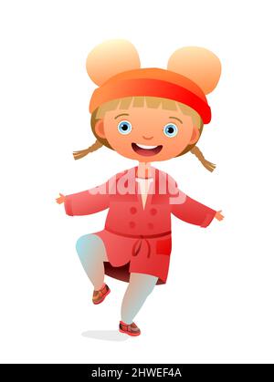 Petite fille avant-chooler. Personne en vêtements d'automne. En manteau et chapeau avec cloches. Enfant mignon. Joyeux gamin drôle. Joie de bébé. Illustration de style dessin animé Illustration de Vecteur