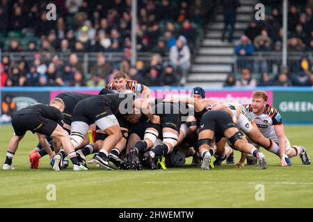 Londres, Royaume-Uni. 05th mars 2022. Saracens scrum à Londres, Royaume-Uni, le 3/5/2022. (Photo de Richard Washbrooke/News Images/Sipa USA) crédit: SIPA USA/Alay Live News Banque D'Images