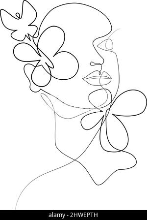 Dessin d'une face femelle avec papillon et fleurs dessinées avec une ligne continue. Dessiné à la main. Art moderne à une ligne, portrait féminin, contour esthétique. Grande affiche, sac, imprimé, autocollant, logo. Illustration de Vecteur